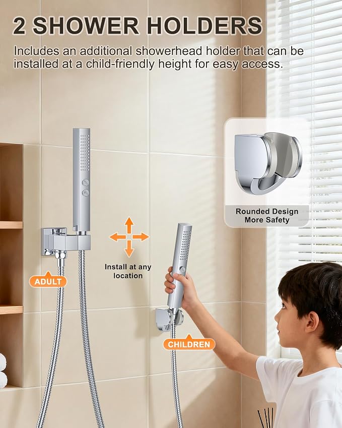 Chrome Shower System with Tub Spout, Wall Mounted Bathtub Shower Faucet Set, 12" Rainfall Shower Head and Handheld Shower Combo, High Pressure Shower Fixtures Set with Rough-in Valve - Image 9
