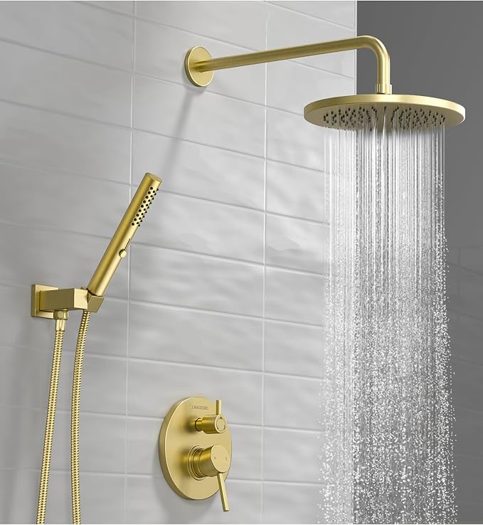 Lava Odoro Modern 2-Setting Round Rain Shower System, Gold Rainfall Shower Faucet Set Rain Shower Head and Handle Set, Shower Valve Trim Kit, 10 Inch, Brushed Gold, SF104-SG - Image 2