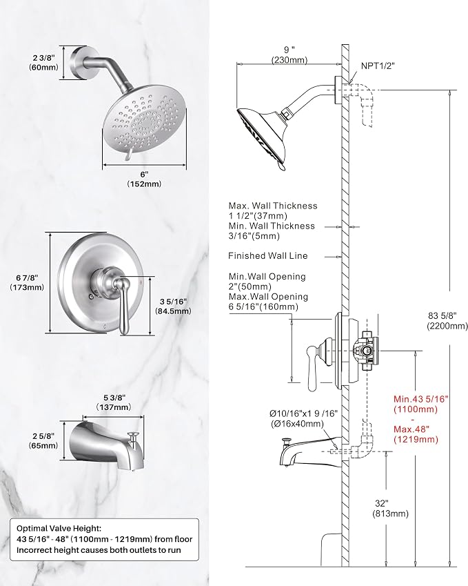 Shower Faucet Set Brushed Nickel: ARCORA Bathtub Faucet Set with 6-Inch Rain Showerhead and Tub Spout, Single-Handle Tub and Shower Trim Kit (Valve Included) - Image 8