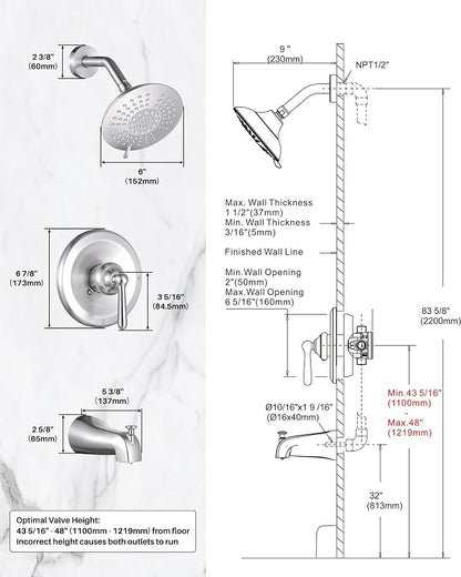Shower Faucet Set Brushed Nickel: ARCORA Bathtub Faucet Set with 6-Inch Rain Showerhead and Tub Spout, Single-Handle Tub and Shower Trim Kit (Valve Included) - Image 8