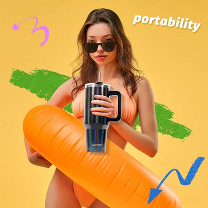 40 oz Shiny Tumbler with Handle and Straw,Stainless Steel Tumbler with Lid and Straw,Insulated Travel Mug(Cold for 34 Hours),Water Bottle for Iced Tea,Coffee (Black) - Image 5