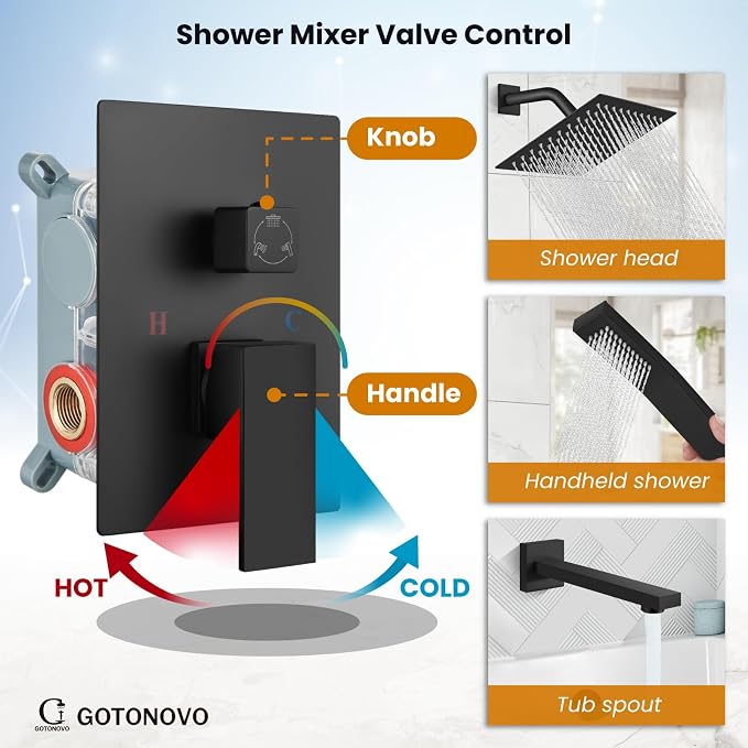 gotonovo Shower System with Tub Spout Wall Mounted Rain Shower Head and Handle Combo Shower Faucet Set with Valve, 8 Inch, Matte Black - Image 3