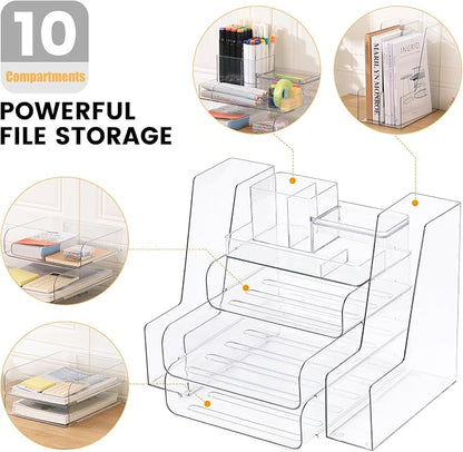 CiWiVOKi Desk Organizer with 2 Vertical File Holder, 4 Tier Stackable Paper - Image 5