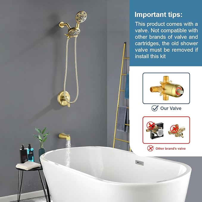 Tub and Shower Faucet Set Complete Dual Shower Head and Handheld 2 in 1 Combo Set Shower System with Tub Spout Tub and Shower Trim Kit Brushed Gold - Image 2
