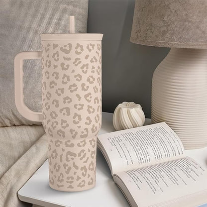SANDJEST Leopard Tumbler with Handle, Insulated Cup Stainless Steel Travel Mug Cup, Gifts for Women Girl on Birthday Christmas, Tan Leopard, 40oz - Image 7
