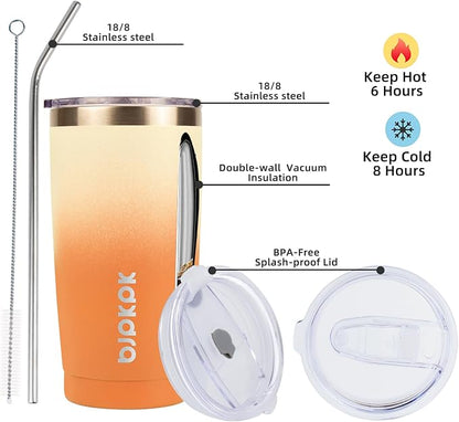 BJPKPK Tumbler with Lid and Straw, 20 oz Stainless Steel Vacuum Insulated Color Block Tumblers, Double Wall Ice Coffee Thermal Cup Travel Mug,Coral - Image 2
