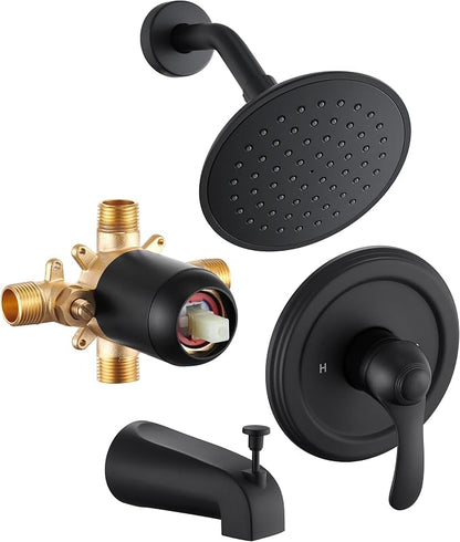 Black Tub Shower Faucet Set with (Valve Included) - 6 Inch Shower Head and Handle Set Matte Black, Tub and Shower Trim Kit with High-Pressure Rain Shower Head and Tub Spout by FROPO