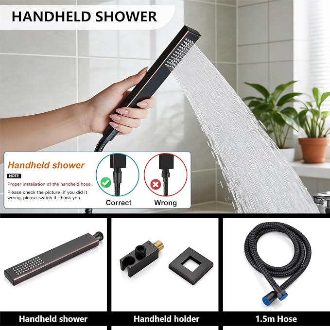 Midanya Shower System with Tub Spout,Bathtub Shower Faucet Set with Square Rainfall Head and Handheld Sprayer Wall Mount Tub Faucet Set with Valve and Trim Kit,8 Inch Oil Rubbed Bronze - Image 7