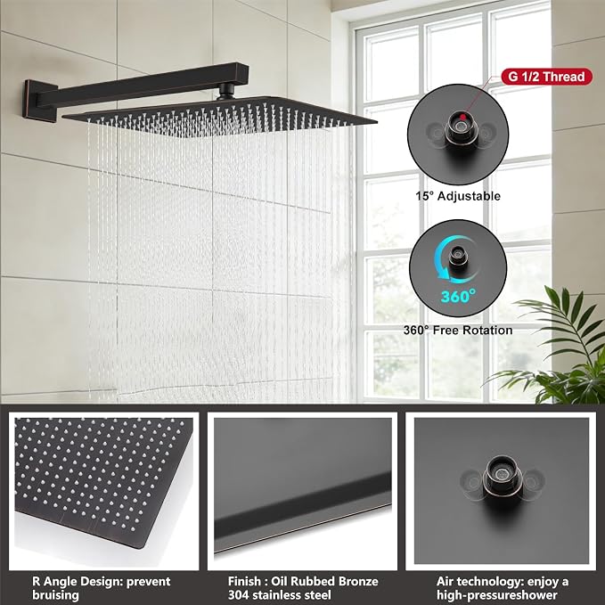 Midanya Shower System with Tub Spout,Bathtub Shower Faucet Set with Square Rainfall Head and Handheld Sprayer Wall Mount Tub Faucet Set with Valve and Trim Kit,16 Inch Oil Rubbed Bronze - Image 8