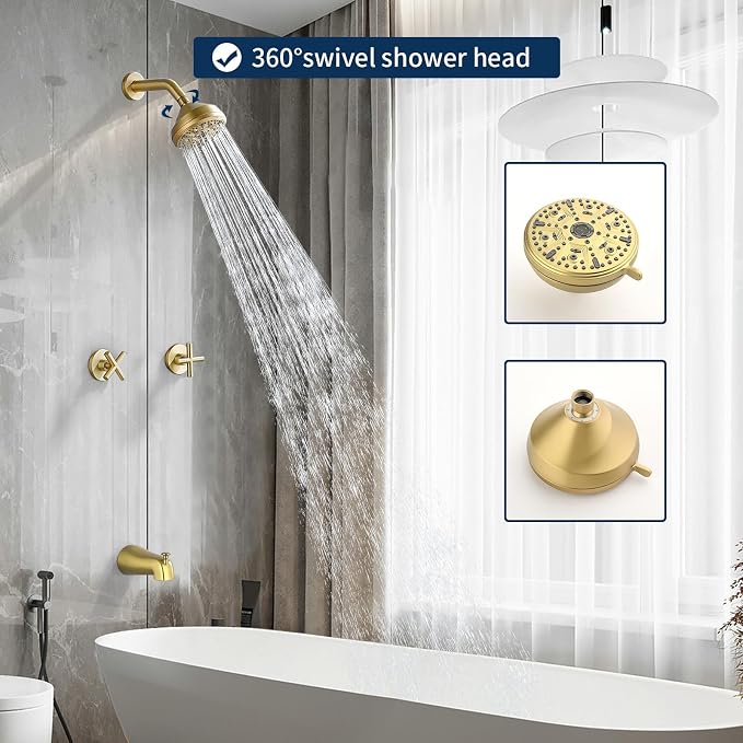 2 Handles Shower Faucet Set with Tub Spout Bathtub Shower Faucet Combo Set Shower System Complete Tub and Shower Trim Kit Brushed Gold Wall Mounted Shower Fixtures - Image 3