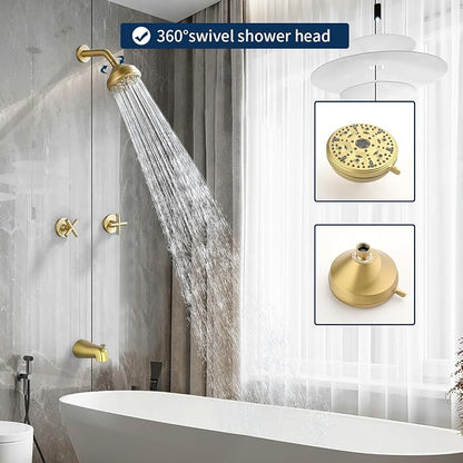 2 Handles Shower Faucet Set with Tub Spout Bathtub Shower Faucet Combo Set Shower System Complete Tub and Shower Trim Kit Brushed Gold Wall Mounted Shower Fixtures - Image 3