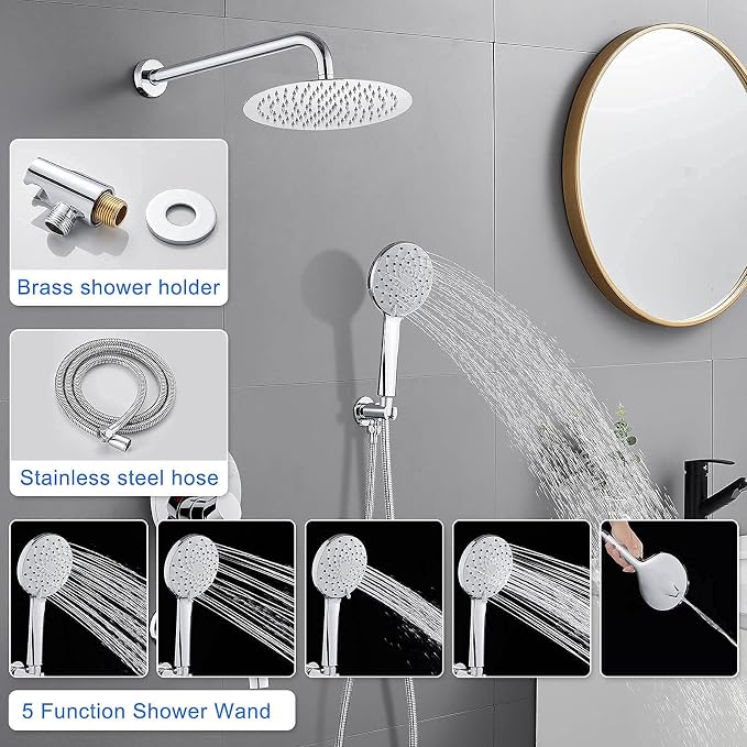 ROVOGO Bathtub Shower Faucet Set with Valve, Shower System with Tub Spout, 10-in. Rain Shower and Handheld, Round Shower Fixtures Wall Mount, Chrome - Image 6