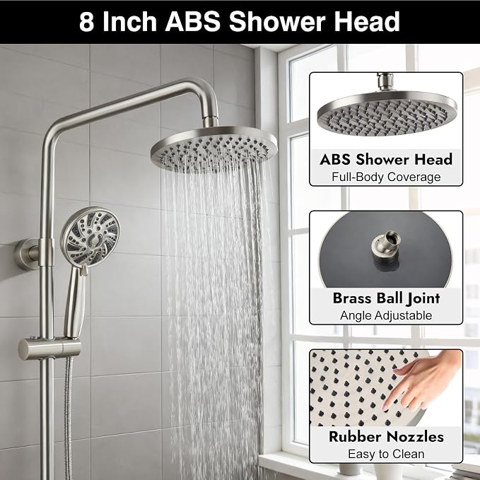 Midanya Retrofit Rain Shower System Wall Mount 8 Inch Rainfall Shower Head with 5-setting Handheld Spray Combo with Slide Bar,Brushed Nickel - Image 8
