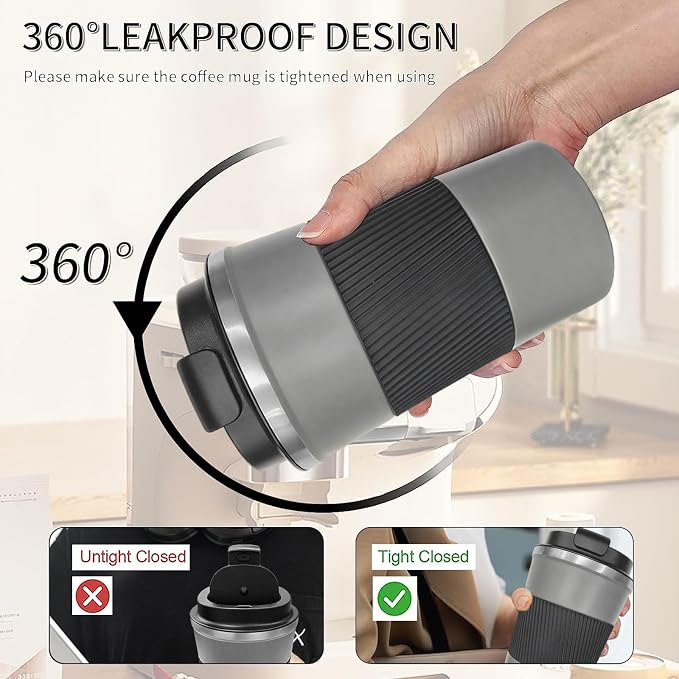 YINBAOGE Insulated Travel Coffee Mug, Spill & Leak Proof, Portable To Go Camping Stainless Steel Coffee Tumbler, Reusable Thermal Coffee Cup with Lid for Hot & Cold Drinks (Grey, 12 OZ) - Image 5