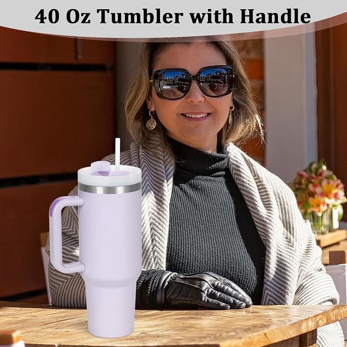 4 Pack 40 Oz Tumbler with Handle Bulk, Double Wall Vacuum Insulated Stainless Steel Tumbler with Lid and Straw, 40 oz cup with Silicone Spill Proof Stopper Set (Cream,Purple,Dark Green,Rose Quartz) - Image 8