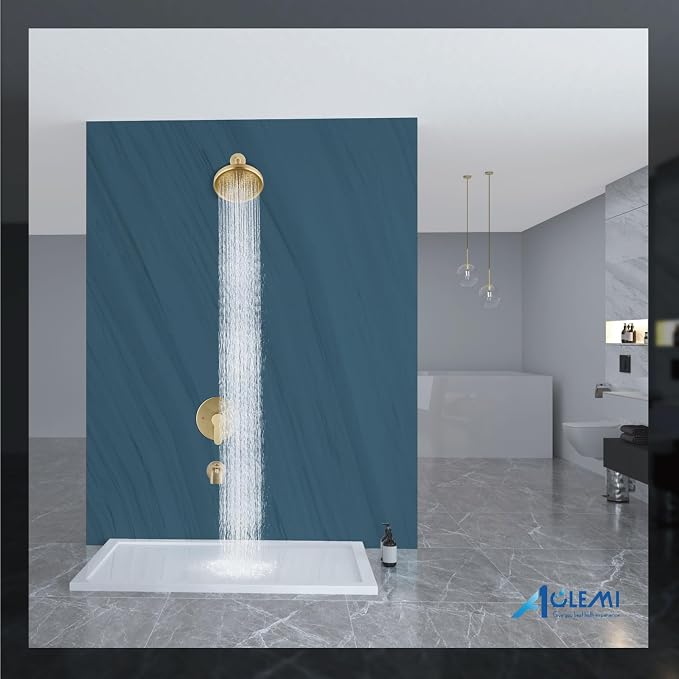 Aolemi Tub Shower Faucet Set With Valve Wall Mount Shower Trim Kit 6 Inch Bathtub Fixtures Rough-in Valve Single-Spray Shower Head System 5.3 Inch Tub Spout Brushed Gold Modern - Image 9