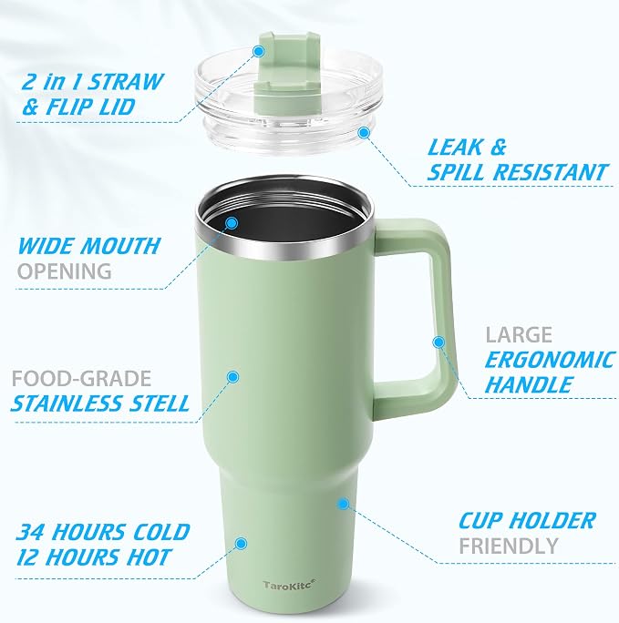 TaroKitc 40 oz Tumbler with Handle | Stainless Steel Insulated Travel Mug with Lids and Straw | Iced Coffee Cup | Keeps Cold for 34 Hours | Dishwasher Safe, BPA Free | Clear Sky - Image 5