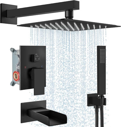 Midanya Rain Shower System Tub Shower Faucet Set Square Rainfall Waterfall Shower Head with Handheld Sprayer Tub Spout Combo Wall Mounted bathtub faucet set Rough-in Valve, 10 Inch Matte Black by Midanya