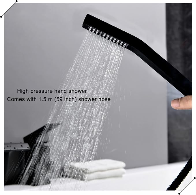 Waterfall Roman Tub Faucet with Hand Shower Matte Black 3 Hole Bathtub Faucet with Sprayer Deck Mount Bath Tub Filler Set - Image 9