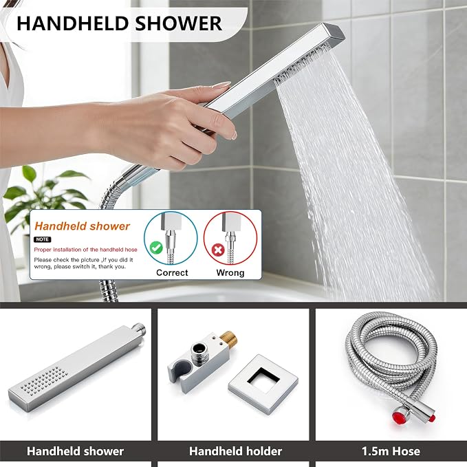 Midanya Rain Shower System Tub Shower Faucet Set Square Rainfall Waterfall Shower Head with Handheld Sprayer Tub Spout Combo Wall Mounted bathtub faucet set Rough-in Valve, 12 Inch Polish Chrome - Image 7