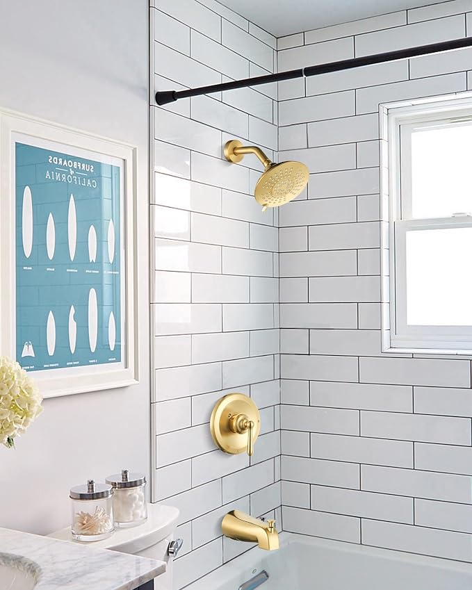 Shower Faucet Set Brushed Gold: Single Handle Bathtub Trim Kit with 6 Inch Rain Shower Head and Tub Spout, High Pressure Faucet Set for Bathtub (Brass Valve Included) - Image 7