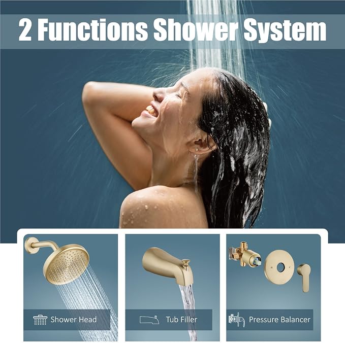 Aolemi Tub Shower Faucet Set With Valve Wall Mount Shower Trim Kit 6 Inch Bathtub Fixtures Rough-in Valve Single-Spray Shower Head System 5.3 Inch Tub Spout Brushed Gold Modern - Image 3