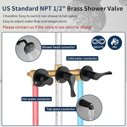 Matte Black 3 Handles Shower Faucet Set with Tub Spout Bathtub Shower Faucets Combo Set Shower System Complete Tub and Shower Trim Kit Shower Fixtures - Image 3