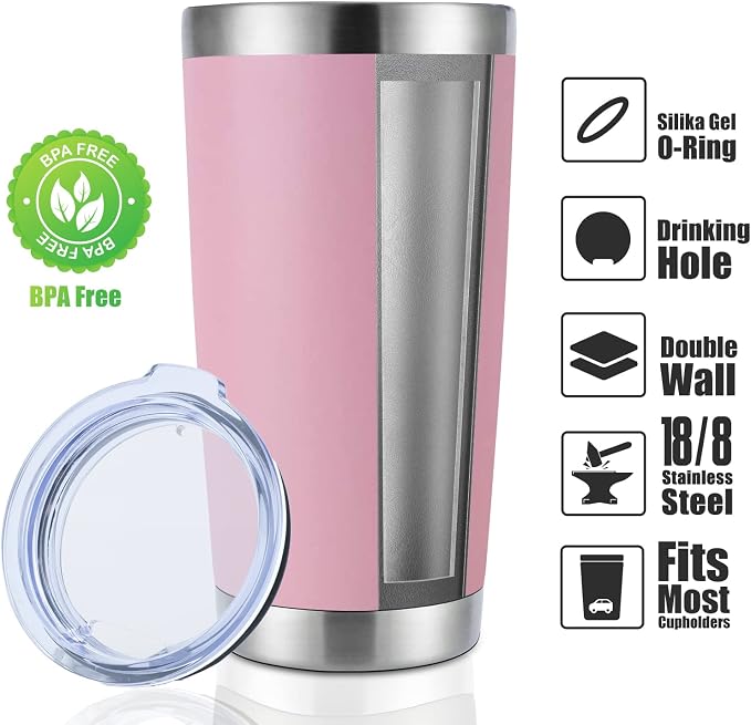 DOMICARE 20oz Stainless Steel Tumbler Bulk with Lid, Double Wall Vacuum Insulated Travel Mug, Powder Coated Coffee Cup, Pink, 8 Pack - Image 2
