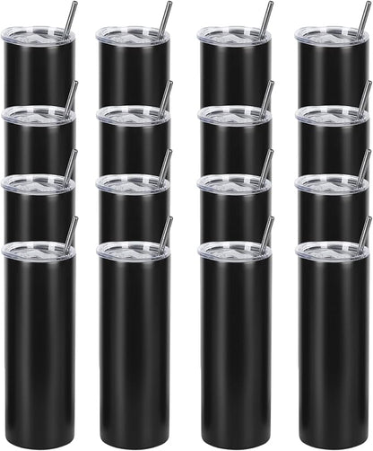 16 Pack 20 Oz Straight Skinny Tumblers,Individually Gift Boxed Stainless Steel Slim Skinny Tumbler Set Bulk, 20 Oz Insulated Slim Thin Travel Tumbler Cup for Diy, Black by Wzaytia