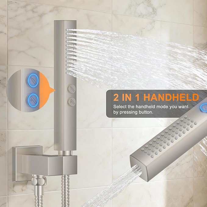 Brushed Nickel Shower System with Tub Spout, Ceiling Mounted Bathtub Shower Faucet Set, 12" Rainfall Shower Head and Handheld Shower Combo, High Pressure Shower Fixtures Set with Rough-in Valve - Image 4