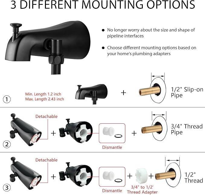 Tub Spout with Diverter Matte Black, 5 Settings Metal Bathtub Faucet with Sprayer High Pressure Bath Tub Faucet Set - Image 6
