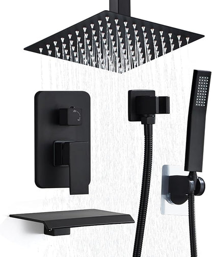 8 Inch Shower Faucet Set, Ceiling Mounted Rainfall Shower System with High Pressure Handheld Shower Head, Bathroom Mixer Shower Set Rough-in Valve and Trim Kit, Matte Black, with Tub Spout by RTOBWEYE