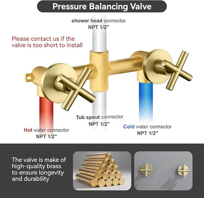 2 Handle Shower Faucet Set with Tub Spout 6-Spray Shower Head and Handle Set Shower Trim Kit with Rough-in Valve Bathroom Shower Faucet Valve Trim Kit Brushed Gold - Image 8