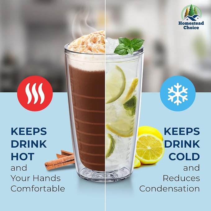 Homestead Choice 16oz Insulated Tumblers Plastic Keeps Drinks Cold & Hot, 4pack Double Walled Clear Insulated Drinking Glasses Cup, BPA-Free, Reusable, Camping, Travel, Kitchen, Party - Image 5