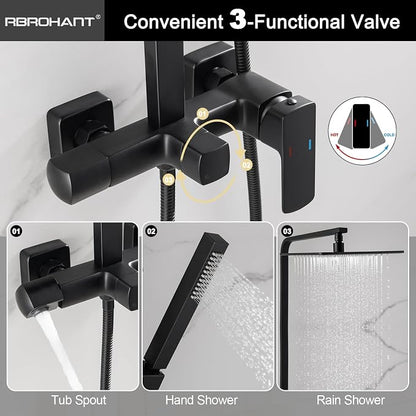 RBROHANT 3 Functions Exposed Shower System, Matte Black Exposed Shower Faucet Set, 10 Inch Rain Shower Head with Handheld and Tub Spout,Shower Height Adjustable, Wall Mounted - Image 4