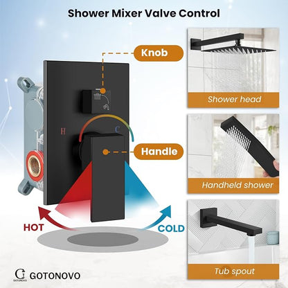 gotonovo Shower System with Tub Spout Wall Mounted Rain Shower Head and Handle Combo Shower Faucet Set with Valve, 12 Inch, Matte Black - Image 3