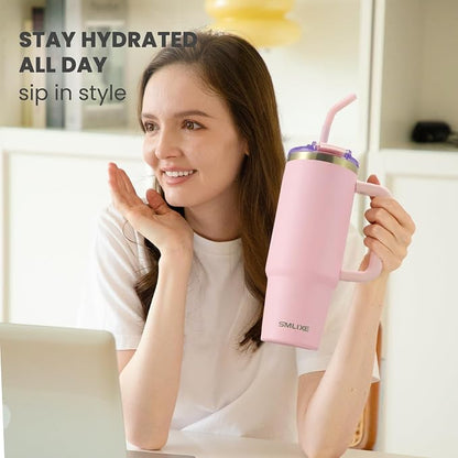 30 oz Tumbler with Handle, Tumbler with Lid and Straw, Double Wall Vacuum Insulated Travel Mug Stainless Steel Tumbler for Hot and Cold, Cupholder Friendly (Pink) - Image 6