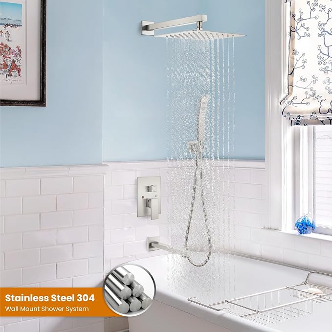 gotonovo Shower System with Tub Spout Wall Mounted Rain Shower Head and Handle Combo Shower Faucet Set with Valve, 10 Inch, Brushed Nickel - Image 2