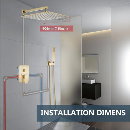 Aolemi Shower Faucet Set with Handheld Spray High Pressure Shower System Shower Faucets Sets Complete Rough-in Valve and Shower Trim Kit Wall Mount Rainfall 16 Inch LED Shower Head Brushed Gold - Image 9
