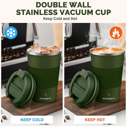 MOMSIV 12oz Travel Mug, Insulated Coffee Cup with Leakproof Lid, Vacuum Stainless Steel Double Walled Reusable Tumbler for Hot and Cold Water Coffee and Tea In Travel and Car Armygreen 380ML - Image 3