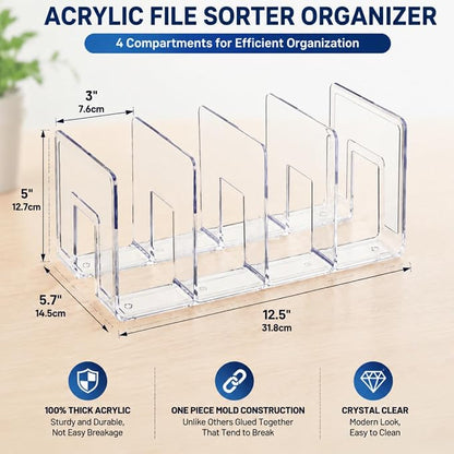 Lawei 4 Pack Acrylic File Sorter, 4-Section Clear Desktop File Folder Holder - Image 2
