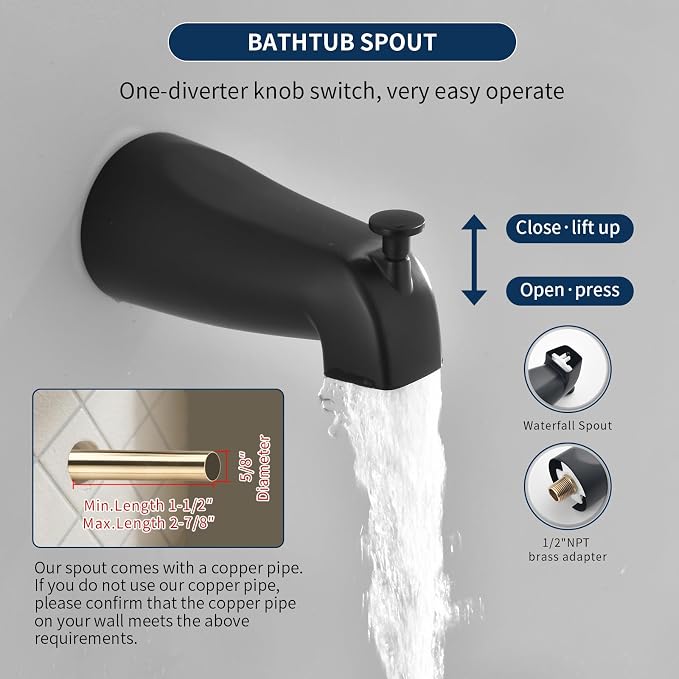 Shower Valve Trim Kit with Tub Spout Matte Black Tub Shower Rough-In Mixer Valve Bathroom Trim Kit - Image 3