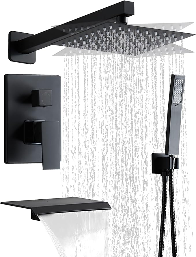 Matte Black Shower Faucet Set with Tub Spout 10 Inch, Shower Head and Handle with 2 Hooks, Tub and Shower Faucet Combo, Rain Shower and Handheld Shower System Square Wall Mount for Bathroom by RTTWYYUU