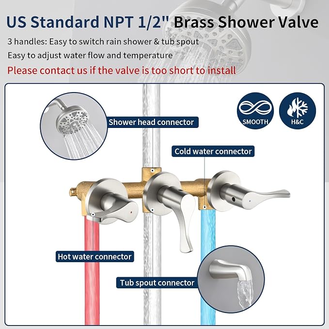 3 Handles Shower Faucet Set with Tub Spout Bathtub Shower Faucets Combo Set Shower System Complete Tub and Shower Trim Kit Brushed Nickel Shower Fixtures Brushed Nickel Shower Set - Image 3
