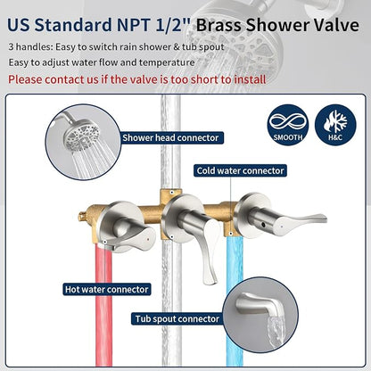 3 Handles Shower Faucet Set with Tub Spout Bathtub Shower Faucets Combo Set Shower System Complete Tub and Shower Trim Kit Brushed Nickel Shower Fixtures Brushed Nickel Shower Set - Image 3