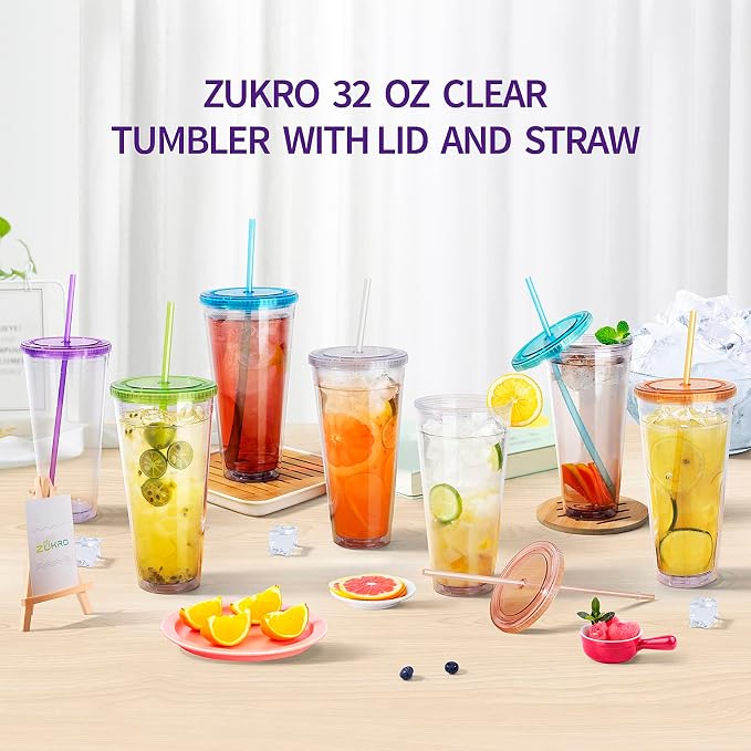 Zukro Clear Acrylic Tumbler with Straw and Lid 32 oz, Double Walled Insulated Reusable Plastic Iced Coffee Cup, To Go Cup Perfect for Parties, Birthdays, Fit in Cupholder, BPA Free, Clear, 2 Pack - Image 8