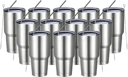 MEWAY 30oz Insulated Tumbler With Lids and Straws,Stainless Steel Double Vacuum Coffee Tumbler Cup, Brush, Durable Powder Coated Coffee Cup for Cold & Hot Drinks, Office, Travel(Silver,12 PACK) by MEWAY