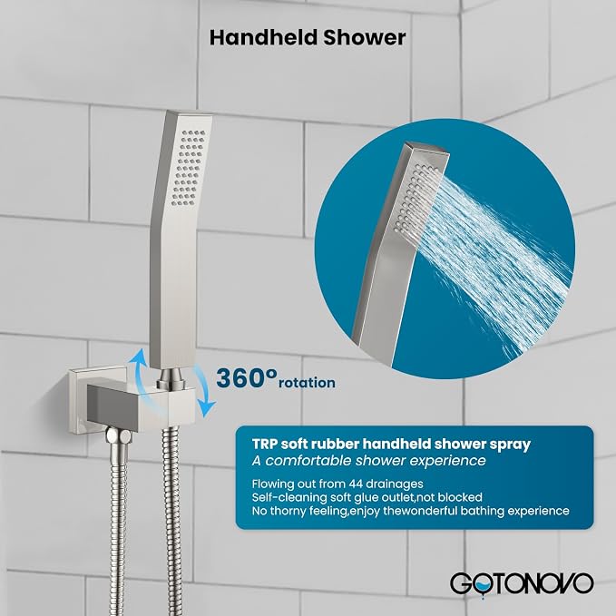 gotonovo Shower System with Tub Spout,Waterfall Tub Shower Faucet Set for Bathroom Head and Handle Set Wall Mounted 3 Function Rough-in Valve and Trim Included 12 inch Shower Head Brushed Nickel - Image 5