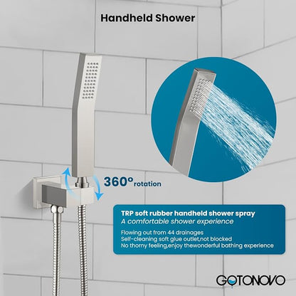 gotonovo Shower System with Tub Spout,Waterfall Tub Shower Faucet Set for Bathroom Head and Handle Set Wall Mounted 3 Function Rough-in Valve and Trim Included 12 inch Shower Head Brushed Nickel - Image 5