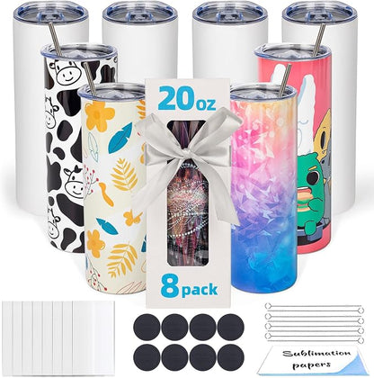 8 Pack 20oz Sublimation Tumbler Blanks Skinny Straight in Bulk, Stainless Steel Insulated Sublimation Tumbler with Polymer Coating for Heat Transfer, With Lid, Straw, ribbon, Gift box by UIRZOTN